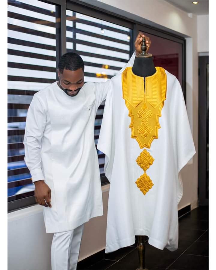 Kaftan Long Sleeve Shirt & Pants Native Wear 3 in 1 - White with Yellow Embroidery.